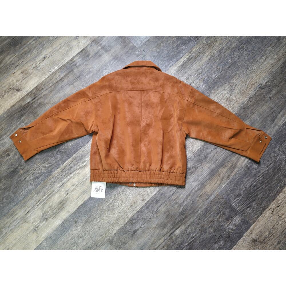 TANKANEO Faux Suede Bomber Jacket Camel Brown Zip Snap NWT S - Picture 3 of 10